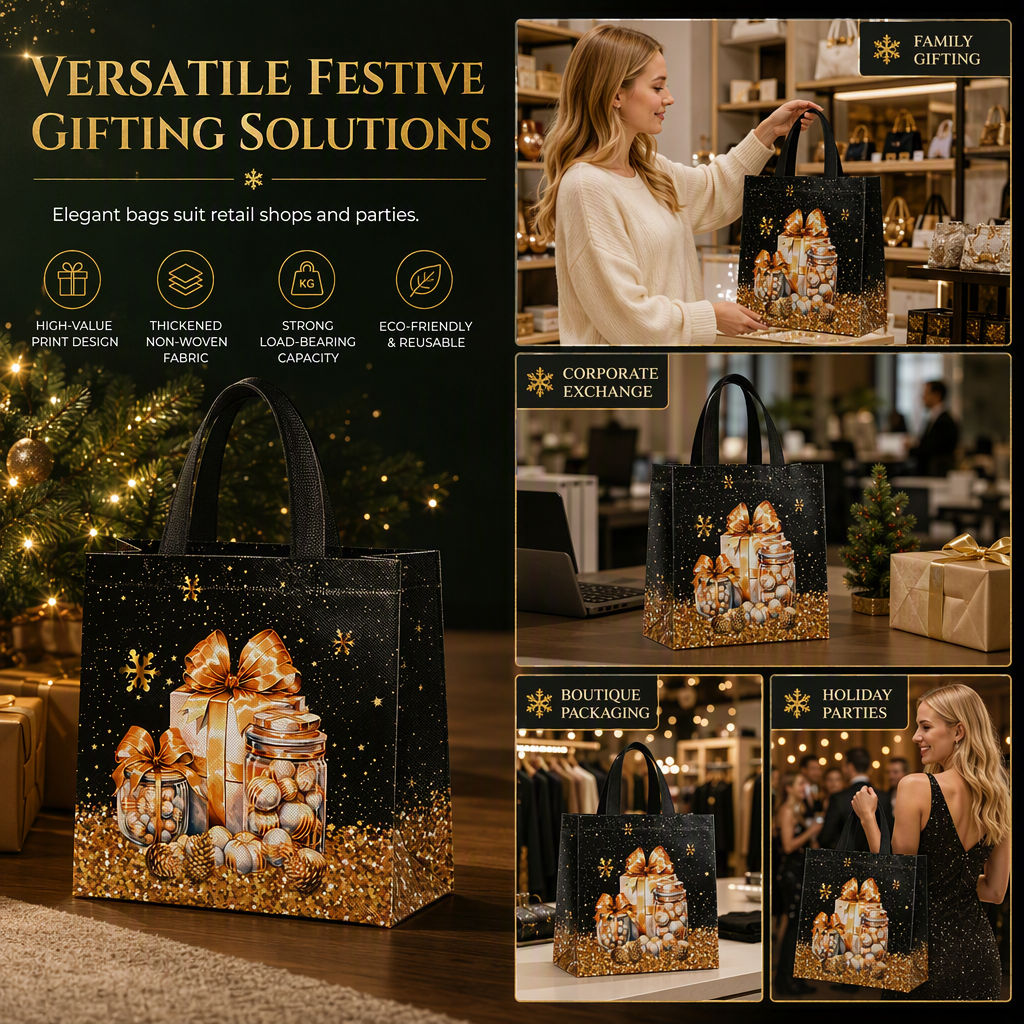 🎄 Black Christmas Non Woven Gift Tote Bag – Gold Foil, Reusable, Sturdy Handles 🎁