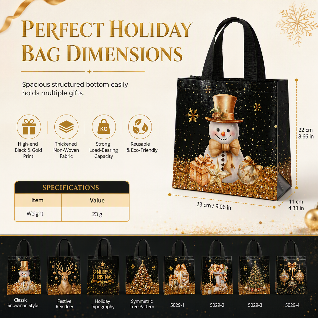 🎄 Black Christmas Non Woven Gift Tote Bag – Gold Foil, Reusable, Sturdy Handles 🎁