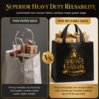 🎄 Black Christmas Non Woven Gift Tote Bag – Gold Foil, Reusable, Sturdy Handles 🎁