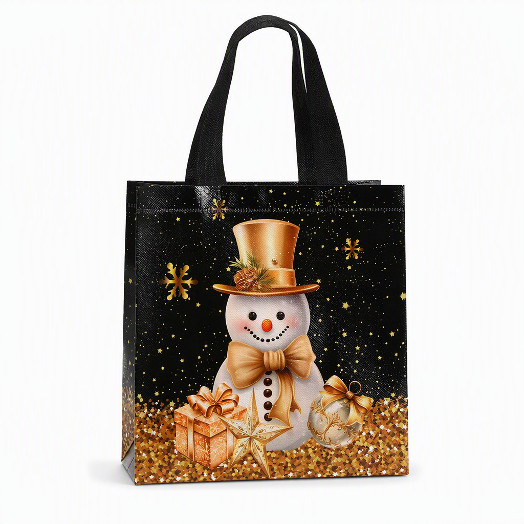 🎄 Black Christmas Non Woven Gift Tote Bag – Gold Foil, Reusable, Sturdy Handles 🎁