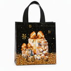 🎄 Black Christmas Non Woven Gift Tote Bag – Gold Foil, Reusable, Sturdy Handles 🎁