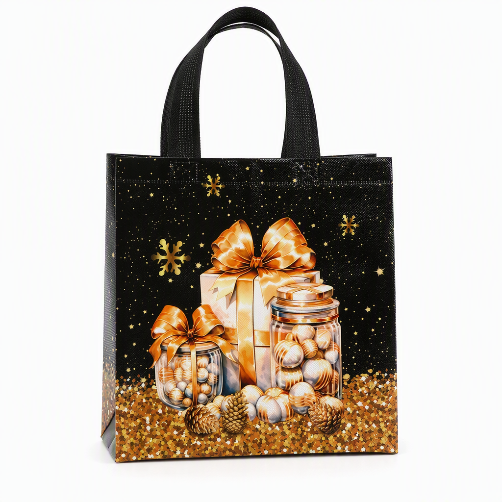🎄 Black Christmas Non Woven Gift Tote Bag – Gold Foil, Reusable, Sturdy Handles 🎁