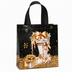 🎄 Black Christmas Non Woven Gift Tote Bag – Gold Foil, Reusable, Sturdy Handles 🎁