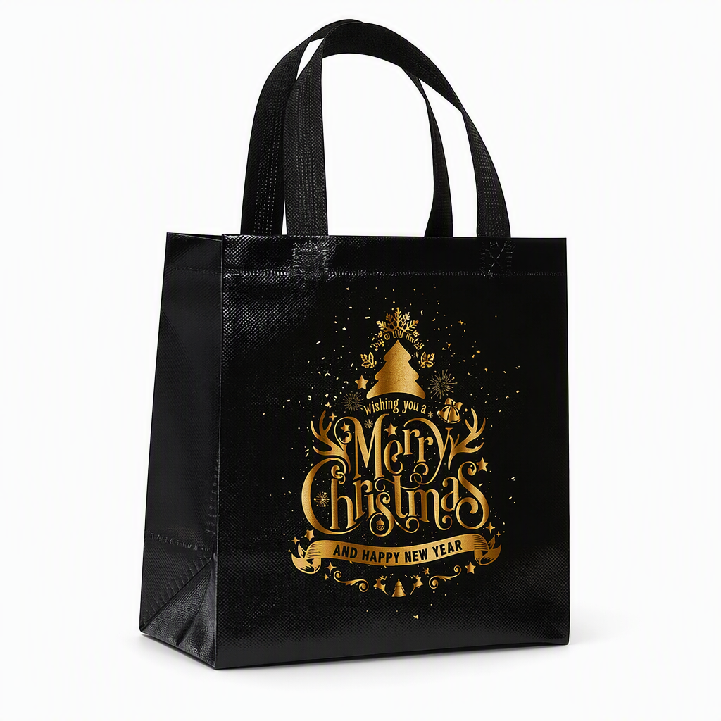 🎄 Black Christmas Non Woven Gift Tote Bag – Gold Foil, Reusable, Sturdy Handles 🎁