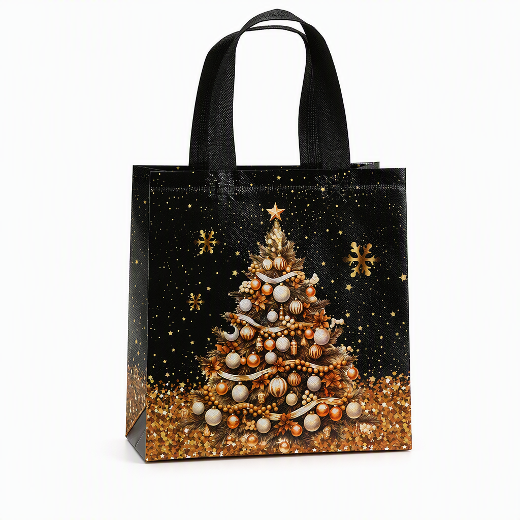 🎄 Black Christmas Non Woven Gift Tote Bag – Gold Foil, Reusable, Sturdy Handles 🎁
