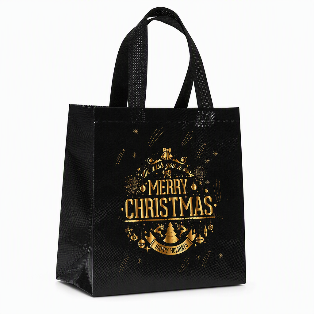 🎄 Black Christmas Non Woven Gift Tote Bag – Gold Foil, Reusable, Sturdy Handles 🎁