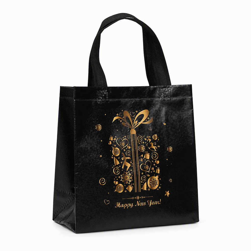 🎄 Black Christmas Non Woven Gift Tote Bag – Gold Foil, Reusable, Sturdy Handles 🎁