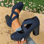 Womens Round Toe Crisscross Strap Mary Jane Shoes Chunky Heel Platform Cutout High Heels