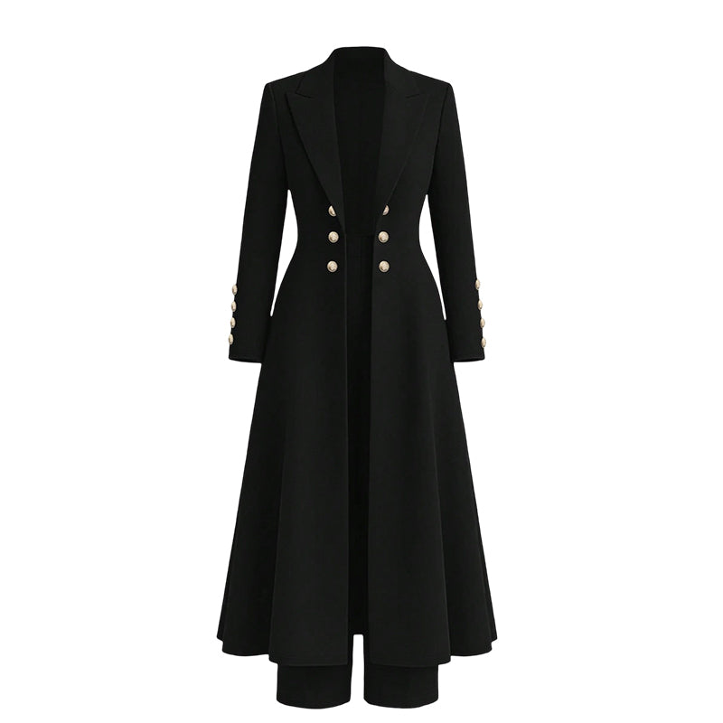 ✨ Women's Double-Breasted Knit Set – Elegant Long Coat + Straight Pants, Gold Buttons Chic Winter Look 💕